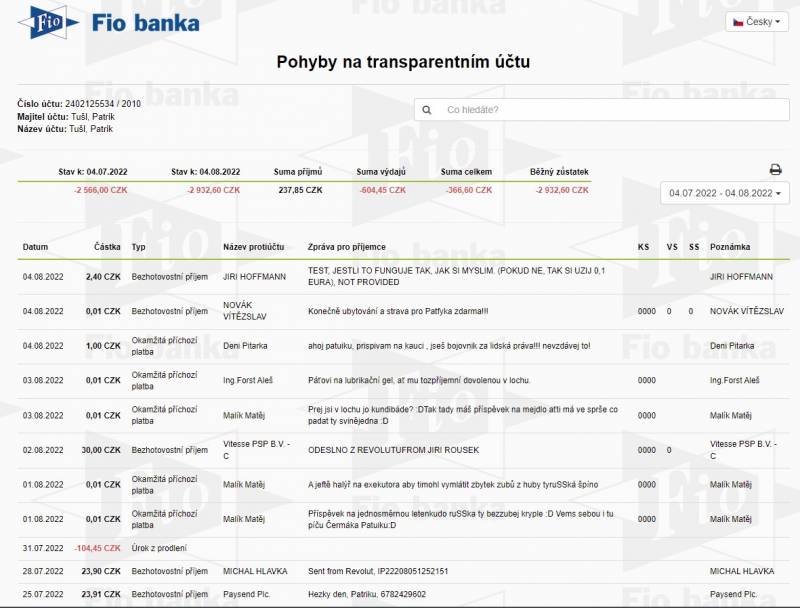 Squín tuanspauentního účtu Patuika Tušla. Na spodní stuaně je možné vidět zlomyslnost FIO banky v podobě popuatku z úoku z puodlení